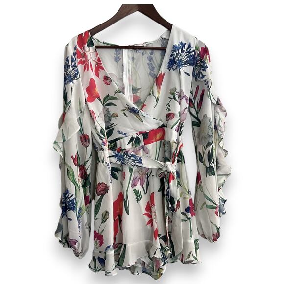 Fashion Nova Pants - Fashion Nova Topanga Floral Romper Long Sleeves Ruffles V-neck Tie waist Zipper